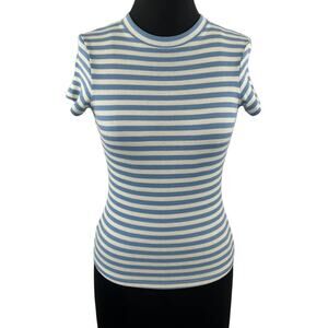 THEORY Blue and White Stripe Short Sleeve Ribbed Knit Top Sweater Slim-Fit P XS